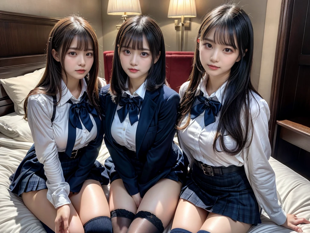 (8K, Raw photography, top-quality, masterpiece:1.2), master piece, best quality, illustration, Super detailed, fine details, High resolution, 8K,wall paper, perfect dynamic composition,(Details High quality, realistic depiction of eyes:1.3), ((2 girls, 2 schoolgirls)), The background is a luxury hotel room、High school girl uniform、blazer 、Super Short Check Uniform Skirt、Navy blue high socks、garterbelts、Colossal tits、Disturbed uniform, Play with each other,Touching each other's bodies,Touching the body of the girl next door, short bob hair, black hair color, huge breasts, Big Natural Color Lip, bold sexy pose, (perfect body shape), crying a little、cold gaze, Beautiful makeup,glitter makeup,Cutest 18 years old, beautiful legs, hposing Gravure Idol, Voluptuous thighs