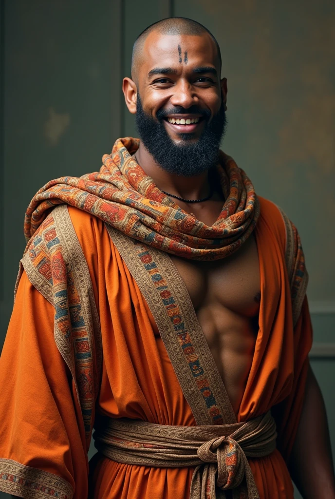 Show me a 24-year-old mixed-race man who wears a big smile and has clothes very typical of the Greeks in the time of Aristotle.. Have your hair shaved with a line on one side and your fangs stand out in your smile. with African features on his face. He is corpulent and tall.