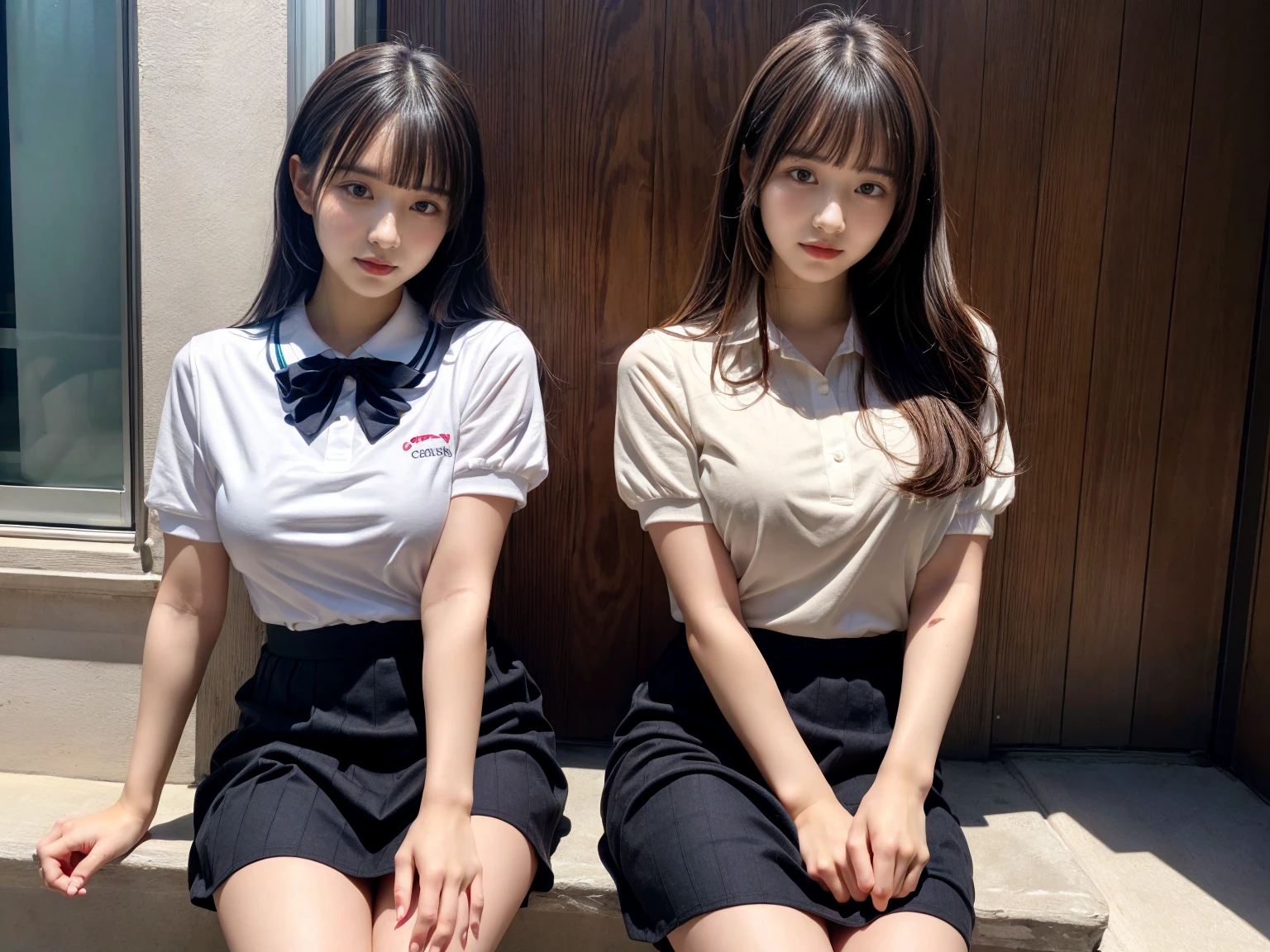 masterpiece, best quality, illustration, Super detailed, fine details, High resolution, 8K,wall paper, perfect dynamic composition,(Details High quality, realistic depiction of eyes:1.3), (2 girls), (Fashionable, with soft pastel colors, black skirt, pernas nu, camisa polo preta, uniform soccer, ambiente urbano), straight hair, large breasts, black hair color, Big Natural Color Lip, (perfect body shape), crying a little、Harajuku style、20 year old girl、cute type、lolita、beautiful legs, hotel room, Gravure Idol