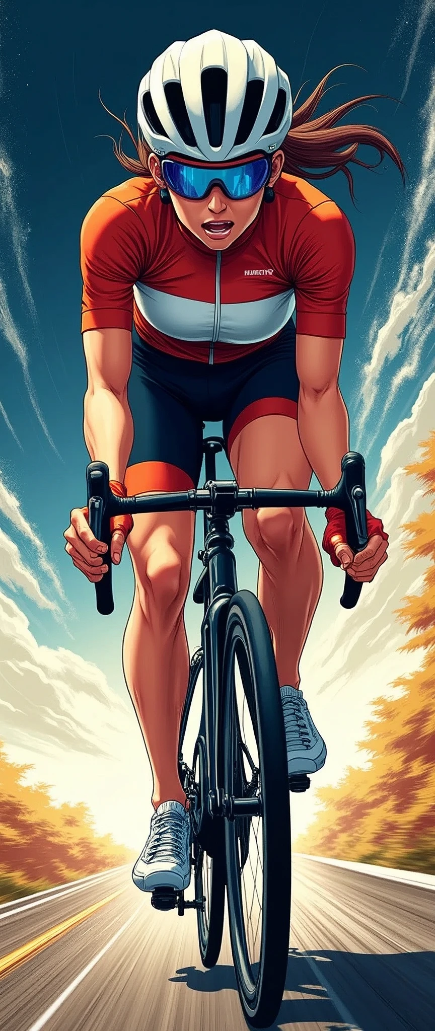 (masterpiece:1.2),(Highest quality),(Super detailed),(Ultra-high resolution),(Highest quality),(Manga illustration,Yowamushi Pedal Style:2.0),8k,wallpaper,Woman Riding a Bicycle,Beautiful Face,(Tour de France),(Racing Suits),(Racing Gloves),(Muscular),(Thick thighs),(Dynamic Angles:2.0),(Detailed depiction of the bike),(Sweat),(forward leaning posture,Take a curve at high speed:2.0),(Expressing a sense of speed:2.0),(In the background, a trail of light passing through a wormhole is visible.:2.0),(dynamic)