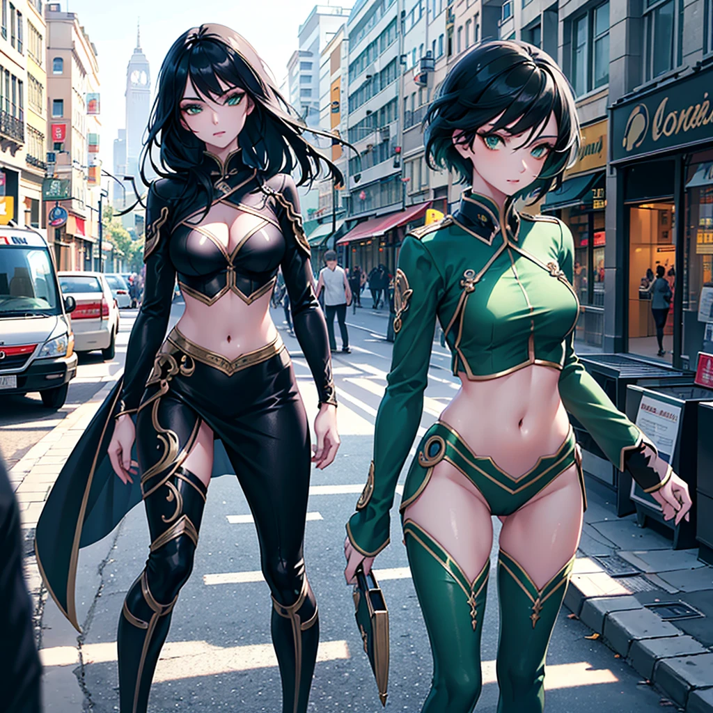 a beautiful woman with detailed face, long eyelashes, jade green eyes, black hair, slim figure, navel-exposing outfit, standing in a city street, highly detailed, 8k, unity, masterpiece, best quality, ultra-detailed, realistic skin, sharp focus, vivid colors, dramatic lighting, cinematic, photorealistic
