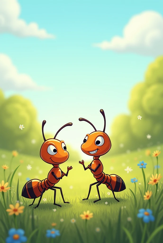 Cartoon of two ants talking in a very nice meadow
