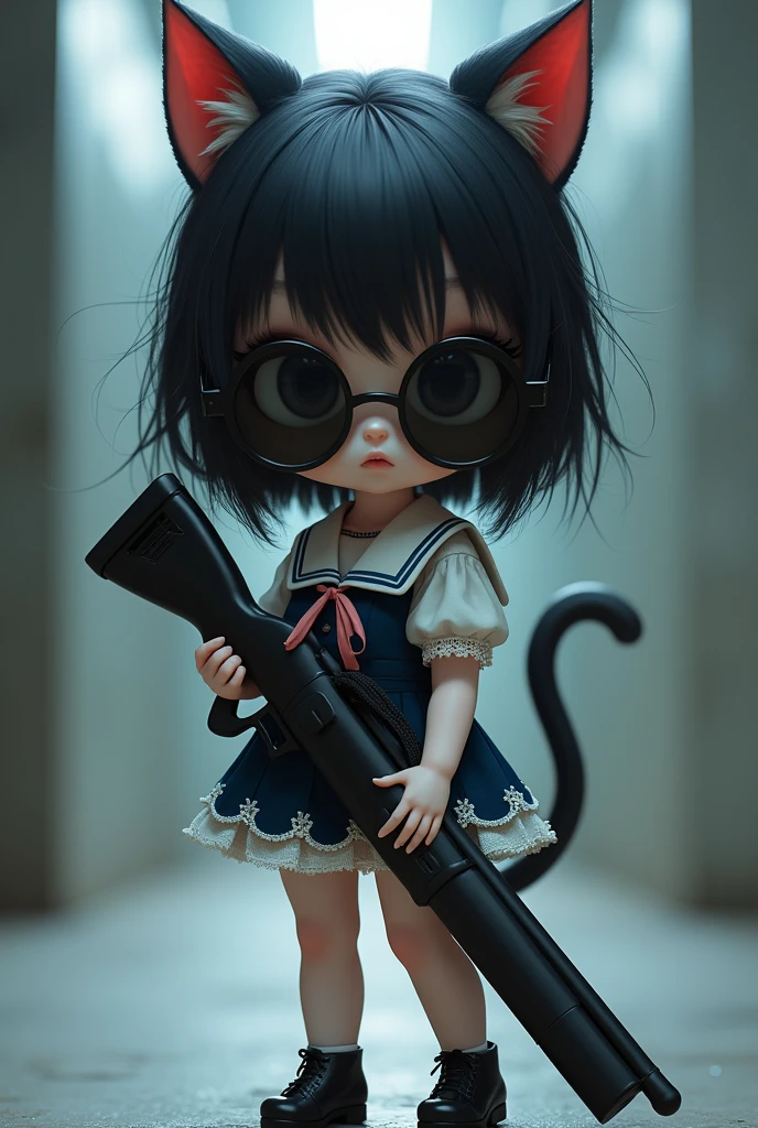 Chibi-chara Lolita girl with cat ears wearing a sailor uniform and sunglasses holding a sniper rifle　
More mysterious and doll-like A little more Japanese style More doll-like and not cute More cute