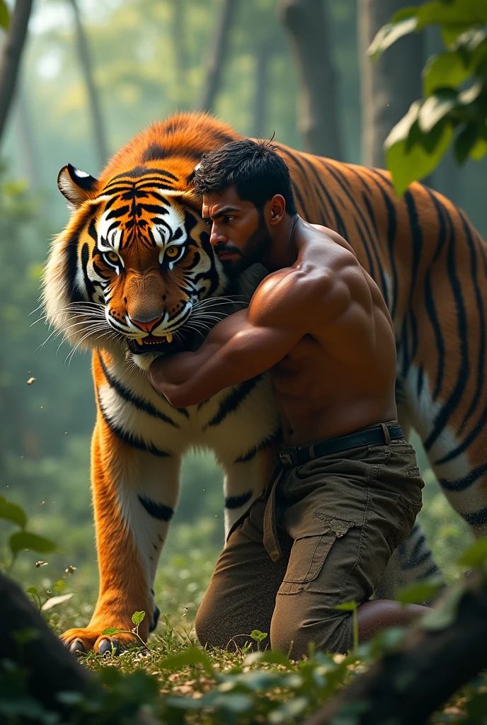 An young indian man fighting with the tiger