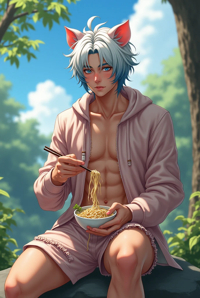 Beautiful boy with white and blue hair and brown skin, succulent and sexy and very sensual curves, rather sloppy pig cosplay with torn suit, face and facial features delicate and a little rustic and clearly blushing, very detailed, 8K, riding on a rock eating soba, a yaoi work. anime teacher