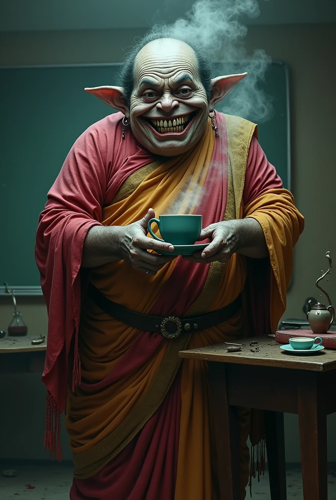 A fatty tea addicted horror teacher with sarees and horror laugh with criss cross teeth 