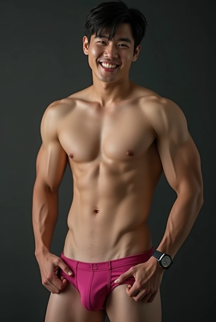 In the charming picture there is a handsome Korean man 35 years old with his beam., His charm radiated as he proudly showed off his sixpack in a full standing pose.. He wore a dark pink sexy briefs, that highlighted his figure,. With unparalleled attention to detail., This photorealistic portrait combines the style of National Geographic., Capture every detail of his textured skin in 8k resolution. Leica digital SLR camera. His features were clearly visible., From the deep-set eyes to the chiselled jawline., Make this image a true masterpiece..Lift. (8K UHD、RAW Photography、Photorealistic Portrait Leica Digital SLR、Lifelike images)