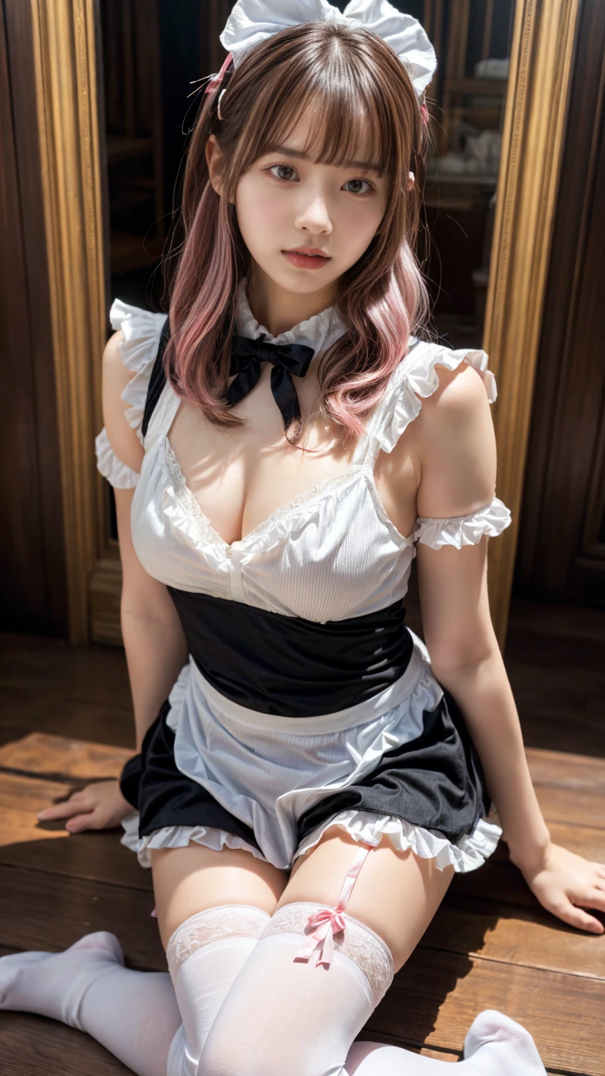 Mature Woman、Pink Hair、Light gray hair、((Two-tone hair))、White Lolita dress with delicate pink decoration、Slender women、Cute Woman、 8K Ultra HD,Detailed face、Delicate texture, Long Hair、(((Blunt bangs)))、(((Drill Hair)))、(bow ribbon, Maid, knee high socks:1.3), (Aside Cutter Shirt), frill skirt、((Ethnic Lolita))、A room in a Western-style building、((Delicate photo)),(Girl Astepeace RAW Photo Details:1.25), (highest quality:1.6), (超A high resolution:1.5), (Realistic:1.75), 8K resolution, Canon EOS R5, 50mm, Absurd, Super detailed,Cinema Lighting、((stuffed toy:1.25))、 (expresses the roundness and softness of your chest., large breasts)、(Leg spread)、
