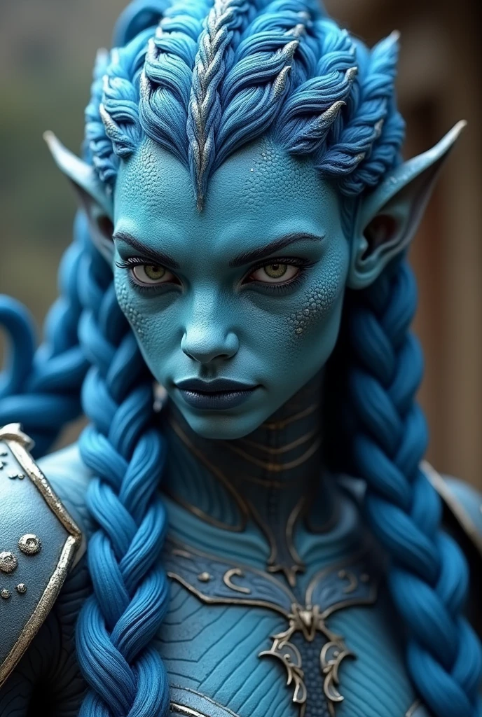 Create a blue HUMAN, high,
scaly, that has braided and armored hair