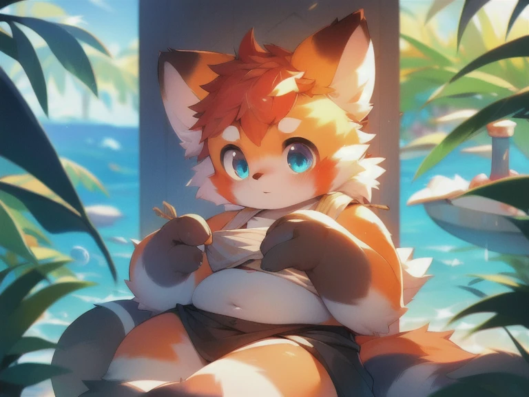 cute fat boy fox, 1 person, tall, beach, beautiful detailed eyes, beautiful detailed lips, extremely detailed eyes and face, long eyelashes, photorealistic, art, nude, digital, cinematic lighting, vibrant colors, 8k, highly detailed, intricate details , obese masterpiece anatomy, small dick