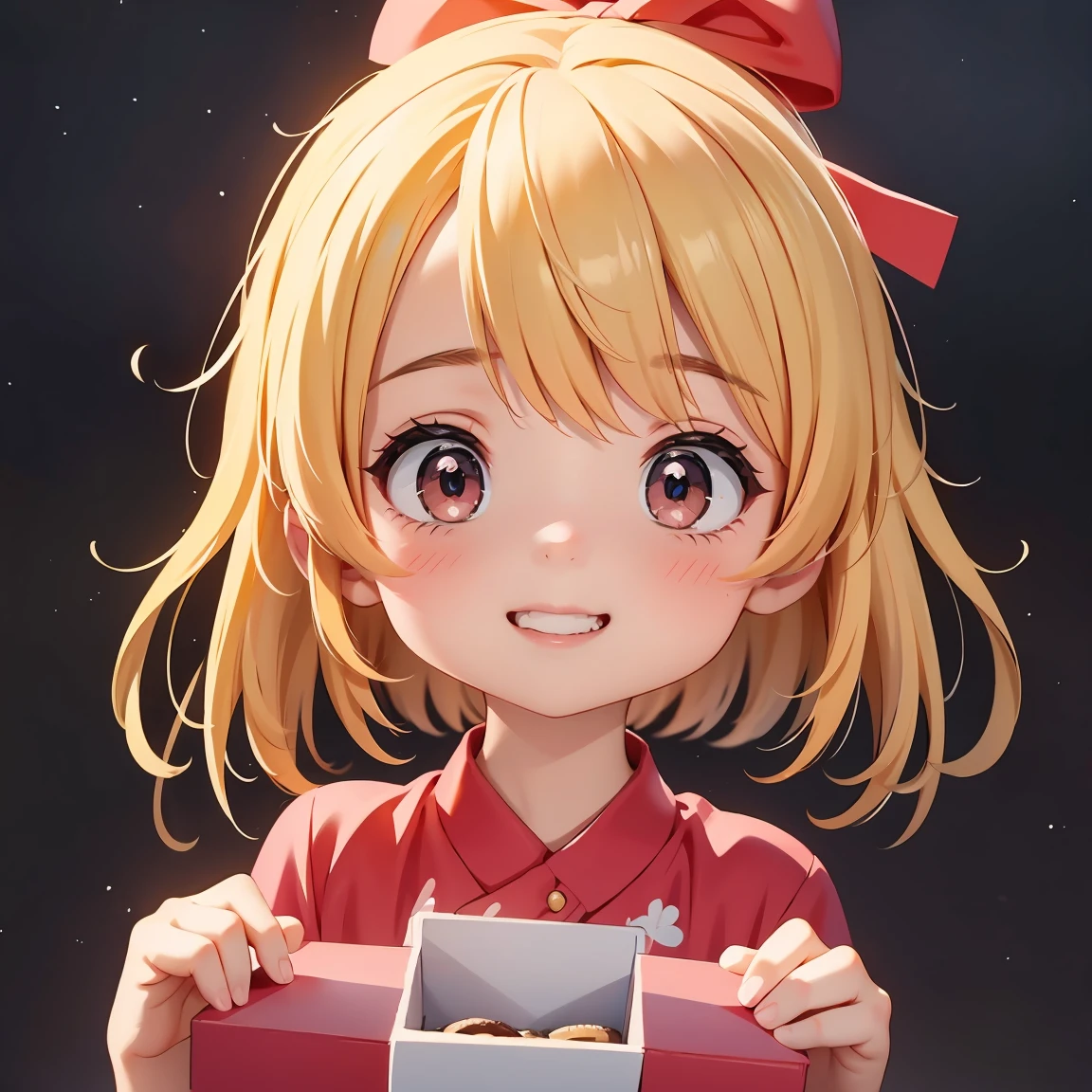Super Chibi Character：1.8、Blonde Hair、Cute 7 year old girl、Cheerleader Outfits、Super Chibi Character：1.8、smile、Super Smile、Red ribbon boxを持っている、Red ribbon boxを両手で持っている、Looking at this、Red ribbon box