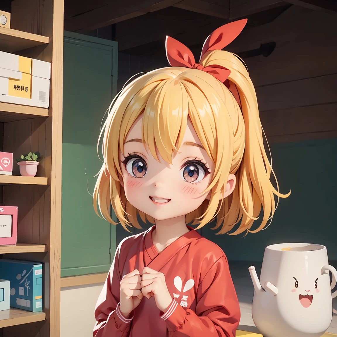Super Chibi Character:1.8、Blonde Hair、Cute 7 year old girl、Cheerleader Outfits、Super Chibi Character:1.8、smile、Super Smile、Red ribbon boxを持っている、Red ribbon boxを両手で持っている、Looking at this、Red ribbon box