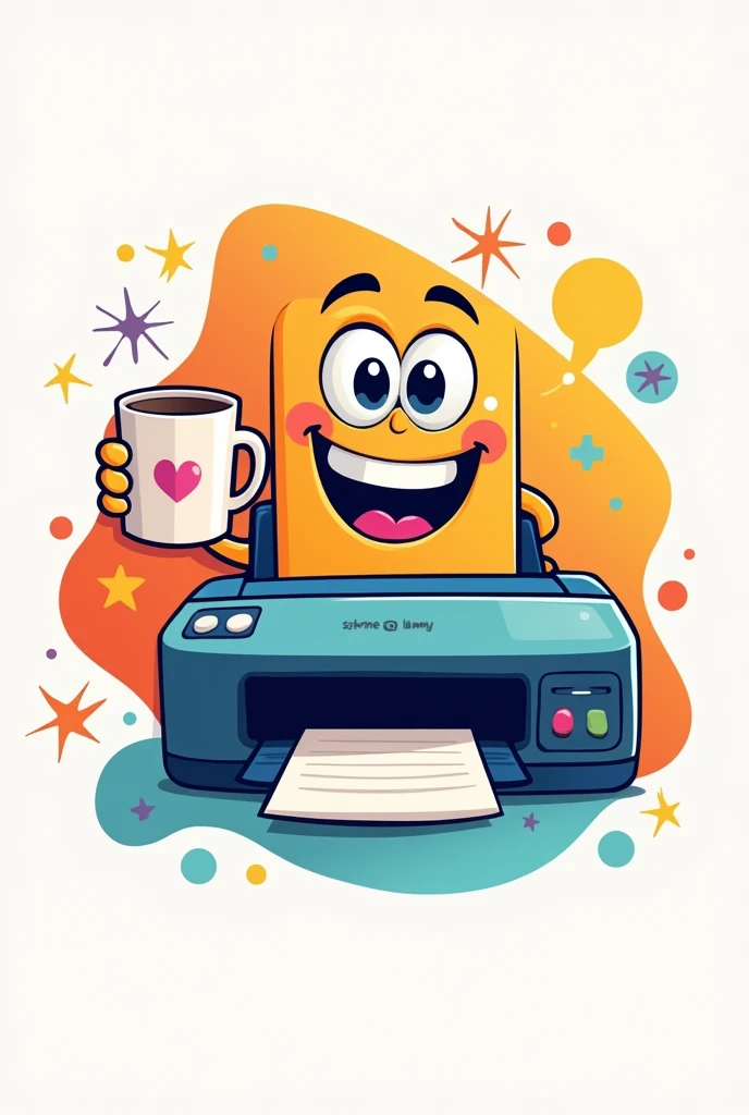 Create a logo in happy printer design, with personalized mug coming out in printing 