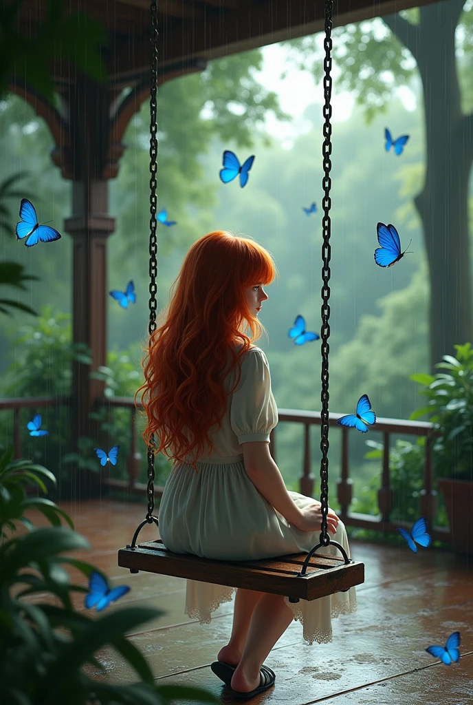 A very beautiful redhead girl, sitting on a swing in the rain, in a huge patio with trees and blue butterflies around the girl who doesn't look animated and looks realistic, but the face cannot be seen, that is from behind, and the butterflies look real