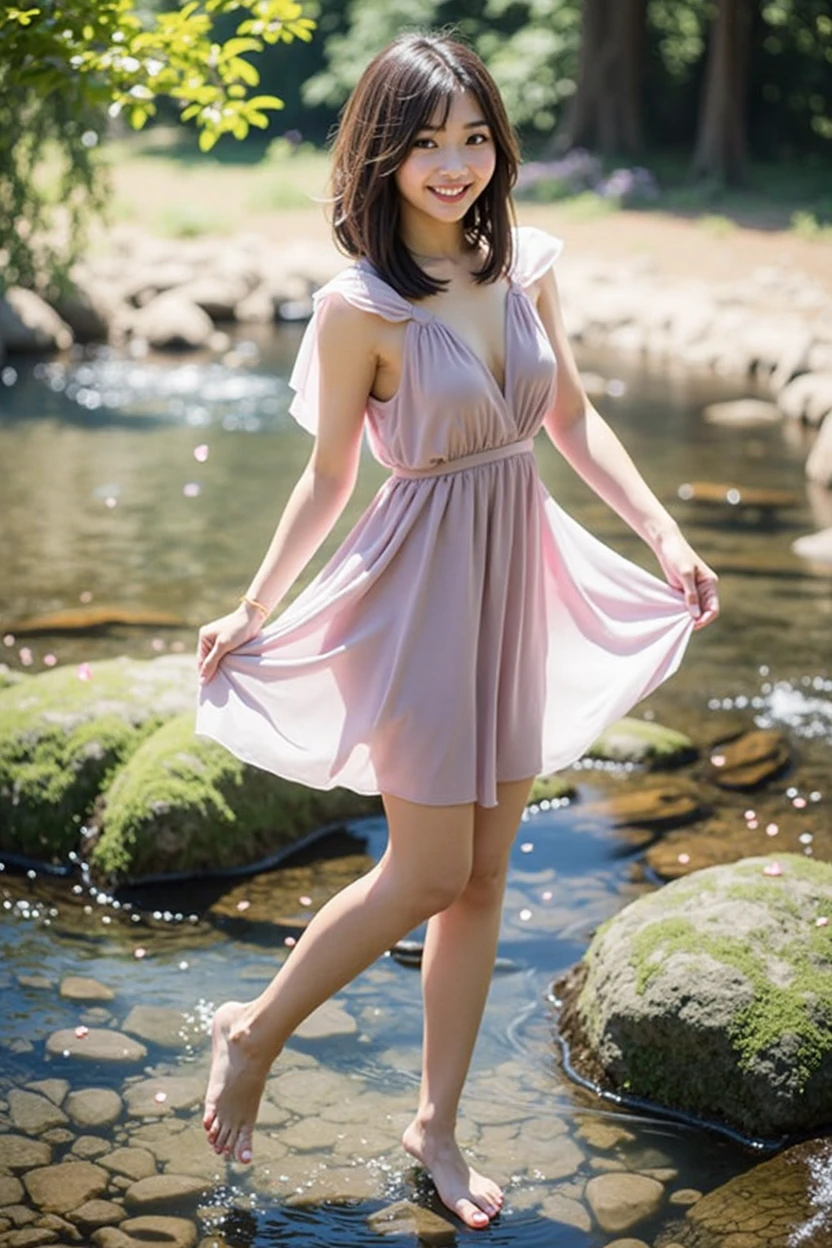 Beautiful Japanese woman standing by a stream in the forest