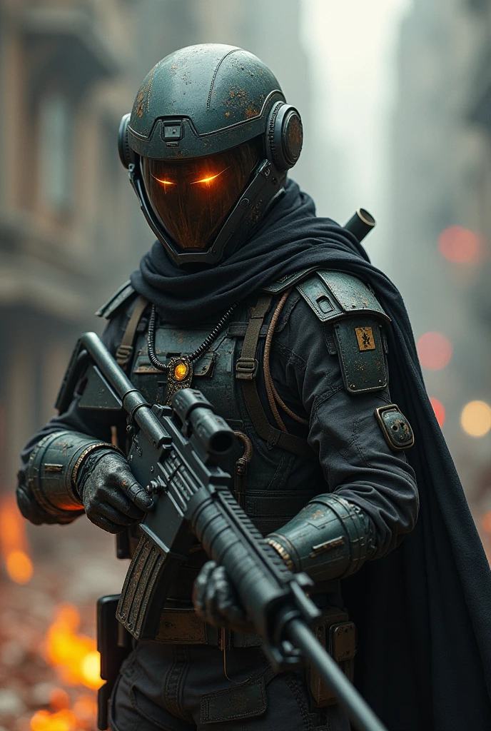 I am the last warrior of the future in combat position that remains in this thousand-year war, everything is lost, the war against the machines was a mistake. ,But this portrait was left as a sign that we, the race of humans that are disappearing, exist. , The message is that we were here , the style is very real , 24k unique piece of art unique style uses the rule of thirds finished like in photoshop 