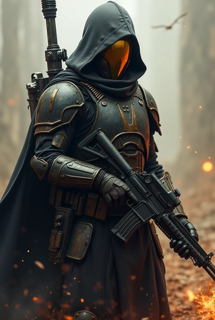 I am the last warrior of the future in combat position that remains in this thousand-year war, everything is lost, the war against the machines was a mistake. ,But this portrait was left as a sign that we, the race of humans that are disappearing, exist. , The message is that we were here , the style is very real , 24k unique piece of art unique style uses the rule of thirds finished like in photoshop
