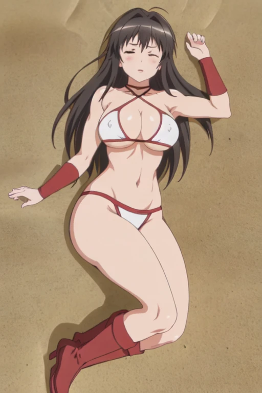 masterpiece, best quality, beautiful art, high resolution, well formed hands, body and fingers, 1 woman, solo, Chizuru Minamoto, 31 years old, full body picture, grown up, adult, large and rounded breasted, cleavage, hair ornament, wearing a Tyris Flare outfit , white_bikini, full body, sexy and skimpy bikini, gorgeous hips, legs and thighs bouncing breasts, red boots,ryona,in peril, she is defeated, knocked out, passed out, closed eyes, exhausted, unconscious, laying down on the sand, extended exposed body, full body on the sand, breathing heavily, sexy smirk on her face, bouncing breasts, sexy defeated pose, defeat and KO scene, fallen beauty, martial arts tournament with beach environment.