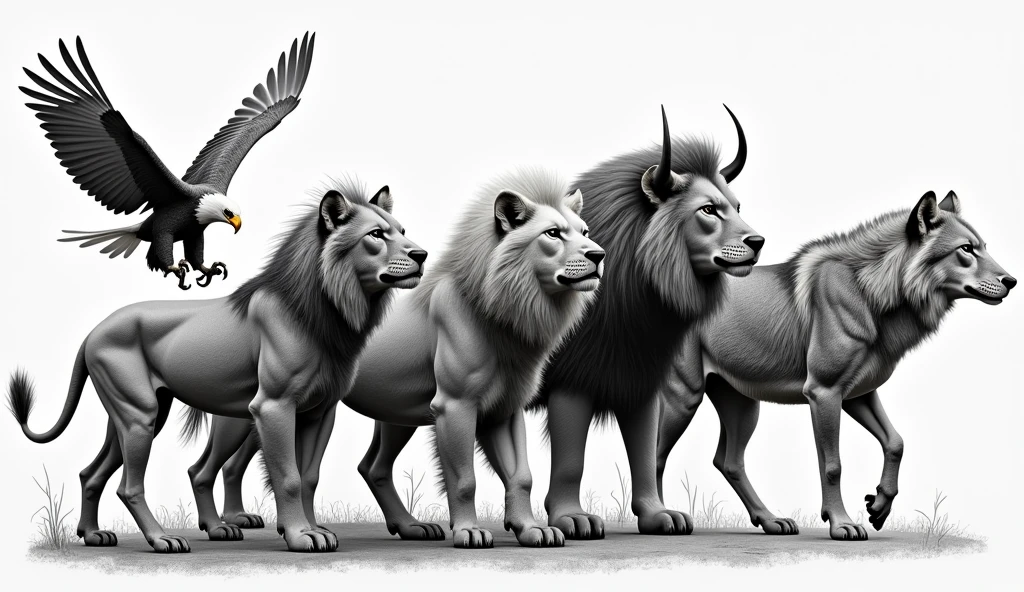 5 animals in black and white chained to a person. Must be a snake, an eagle, a lion, a taurus and a wolf.

