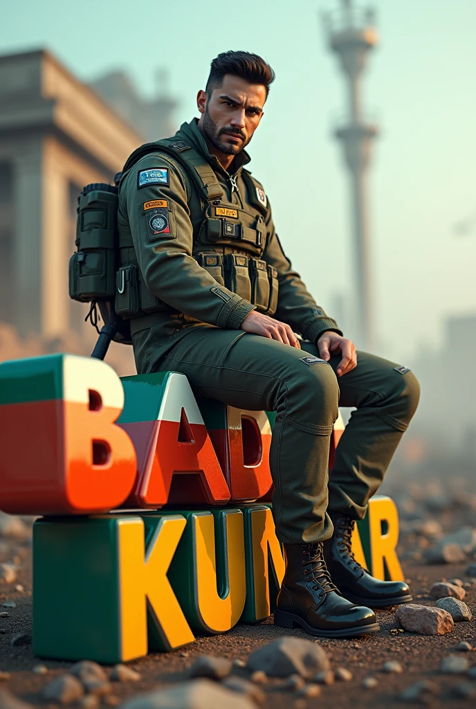(photorealism:1.2), beautiful man, sitting on 3D name , 3D name is 75% big in size'BADAL KUMAR' colour in like a Indian Flag,wearing like a Indian soulder with proper gadgets like a futuristic gune , background like a seen of world war