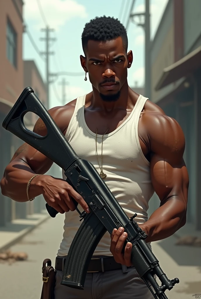 Skinny black man in white tank top, CJ, from ak47
