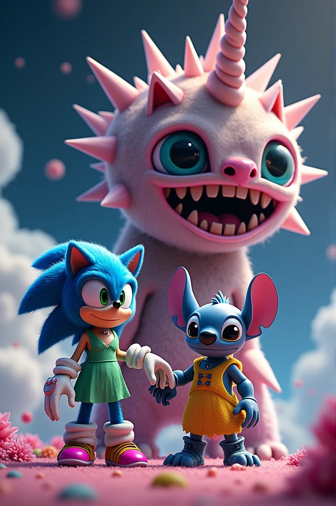 Sonic with fake nails and long hair and heels and a green dress and Stitch in space with a yellow dress and also a black dress who are walking with a monster but the monster is a unicorn that has eight eyes and the monster has lots and lots of nails 
