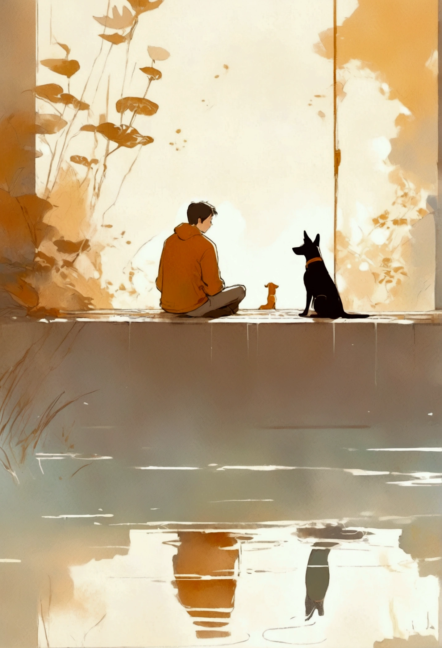 There is a man sitting in the water with his dog, Digital painting inspired by Pascal Campion, pixiv Contest Winner, Conceptual Art, Laurie Greasley, in style of Laurie Greasley, Laurie Greasley and james jean, Sit in a reflecting pool, Gazing at the water, Sit by the pond, I lost! calm sepia color