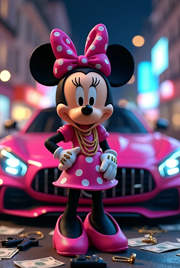 Medium fuchsia Minnie mouse with cute face, gold chains, gold rings, with bills flying, weapons on the ground standing next to a medium-sized fuchsia Mercedes Benz car in Paris at night