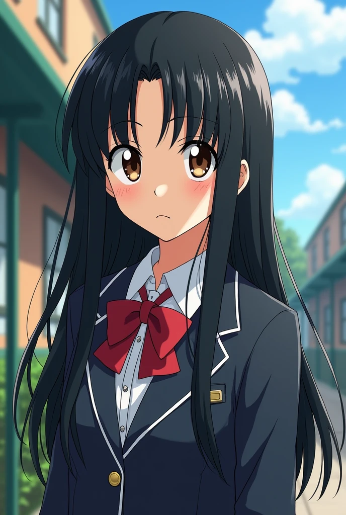 Create Dragon Ball Character in Anime Style, make 16 year old white boy with long black straight hair, and brown eyes with school uniform