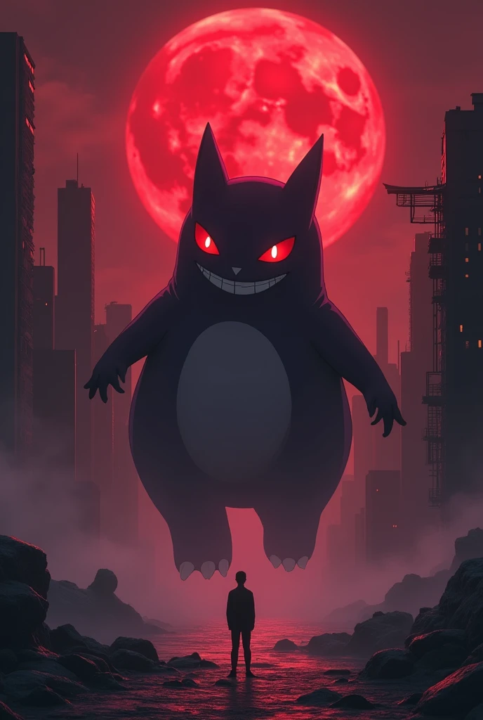 gengar no foot no legs floating in the mist and Pokémon trainer with gore look,Highest image quality,Cinematic texture,A masterpiece,tmasterpiece,red night, red moon, smile and look, ruins of a city, anime