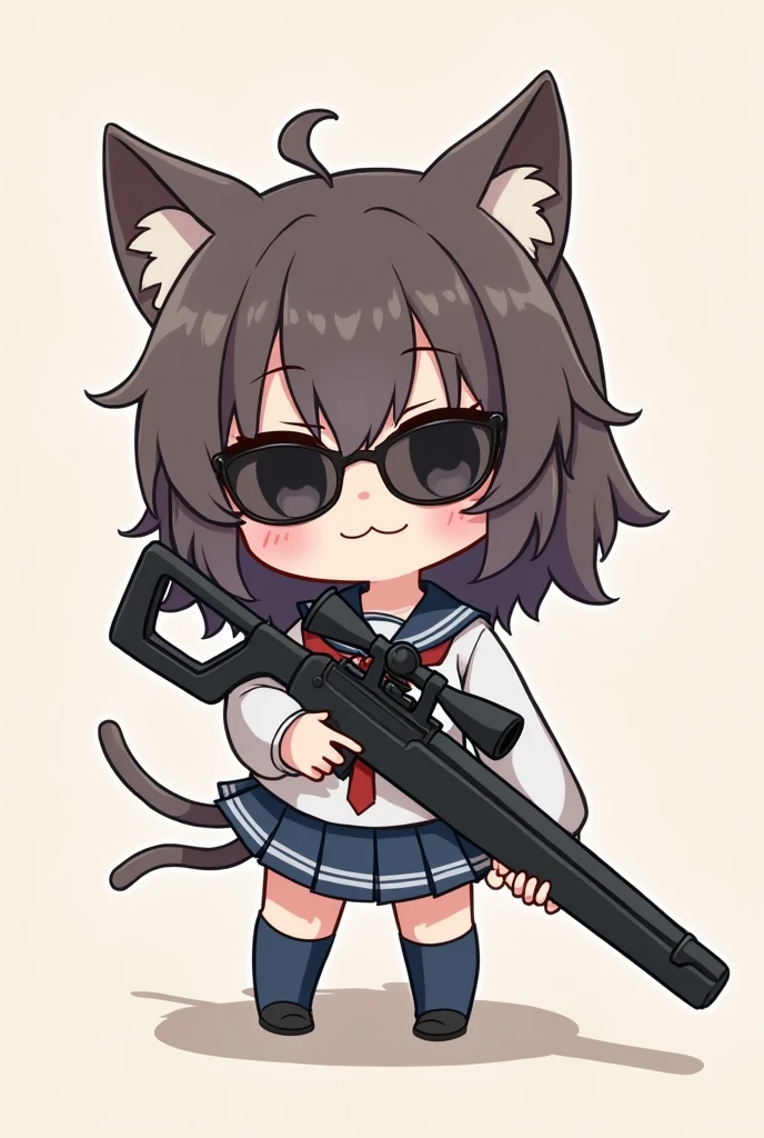 Chibi-chara Lolita girl with cat ears wearing a sailor uniform and sunglasses holding a sniper rifle　
More mysterious and doll-like, a bit more Japanese-style, more doll-like and not as cute, more cute, cute taste is fine, but a cuter face