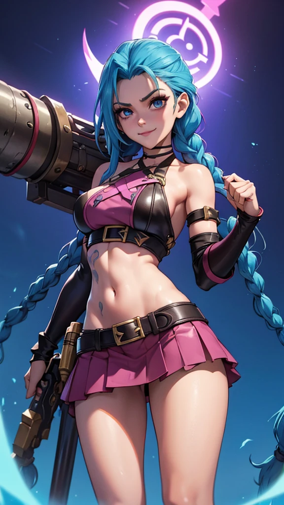 Jhinx, arcane, Jhinx character from League of Legends, long neon blue hair in braids, Perfect big breasts, scantily clad, underwear, Sex Woman, perfect hands, double hair braids, Braided hair, Minipistola, Juxtaposition of light& shadow, moody, intense, feroz, cinematic lighting, rake light, Long luminous shadows, high quality, smiling while holding a shark-shaped rocket launcher, anime style face, perfect body, mini skirt, Steampunk clockpunk --ar 6:9 --s 1000 --c 12 --q 2 --v 5.2