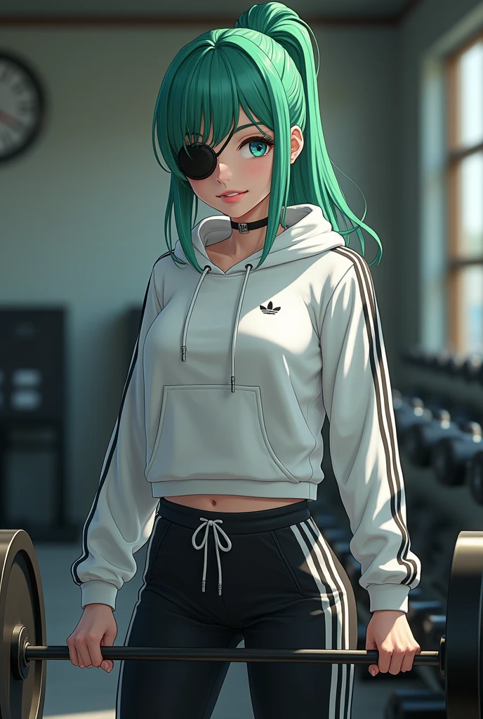 himeno, eye patch, green hair, blue eyes, medium hair, bangs,
black eyes, beautiful woman, beautiful, perfect body, perfect breasts, wearing a white Adidas hoodie, black joggers, wearing light blue Nike Jordan shoes, in the gym, barbell, looking at the viewer, small smile, realism, masterpiece, textured white skin, super details , high detail, high quality, best quality, 1080p, 16k