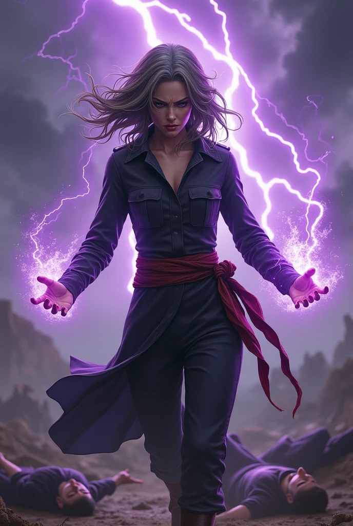 Create a white skinned woman with brown hair with gray tips and medium length, This woman has super powers, create her with a furious expression invoking a very dramatic storm with purple lightning and very dark clouds, His hands are also surrounded by very powerful purple rays., the scene is of a war with 3 dead bodies on the ground, The woman&#39;s clothing is a tight black war jumpsuit that covers her entire body and on her right arm she has a red scarf tied
