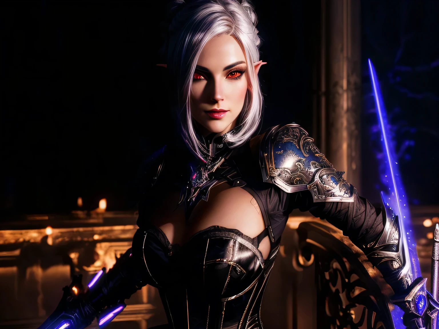 a close up of a woman in a corset with a sword, cyborg - girl with silver hair, alluring mesmer woman, cinematic bust shot, beautiful dark elf countess, dark elf, dark elf princess, elven character with smirk, wearing witchblade armor, of a beautiful female knight, dark elf maiden, portrait of a female mage, ciri, red eyes glow