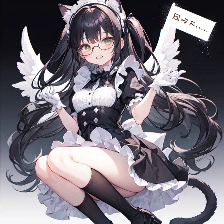 Long wavy black hair Black-rimmed glasses Cat ear first round Lock cute Gothic maid outfit Knee socks gloves hat Background white Double teeth Angel's wing White underwear Blushing