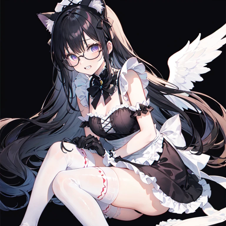 Long wavy black hair Black-rimmed glasses Cat ear first round Lock Lolita cute Gothic maid outfit Knee socks gloves hat Background white Double teeth Angel's wing White underwear Blushing