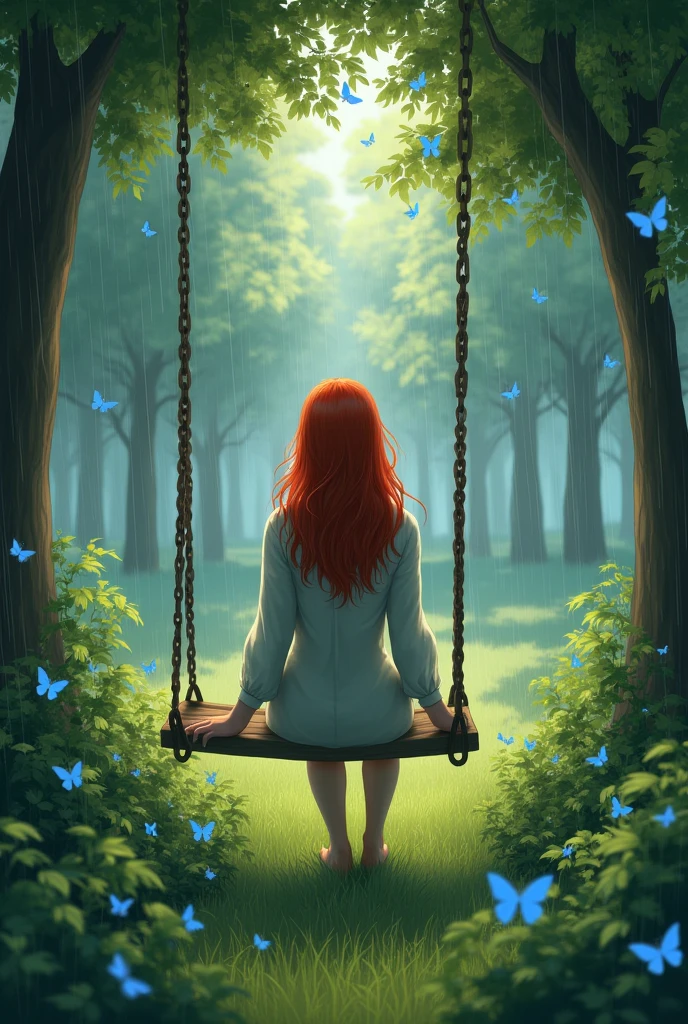 A very beautiful redhead girl, sitting on a swing in the rain, In a huge garden with trees and blue butterflies around the girl who doesn't look animated and looks realistic, but the face cannot be seen, that is from behind, and the butterflies look real