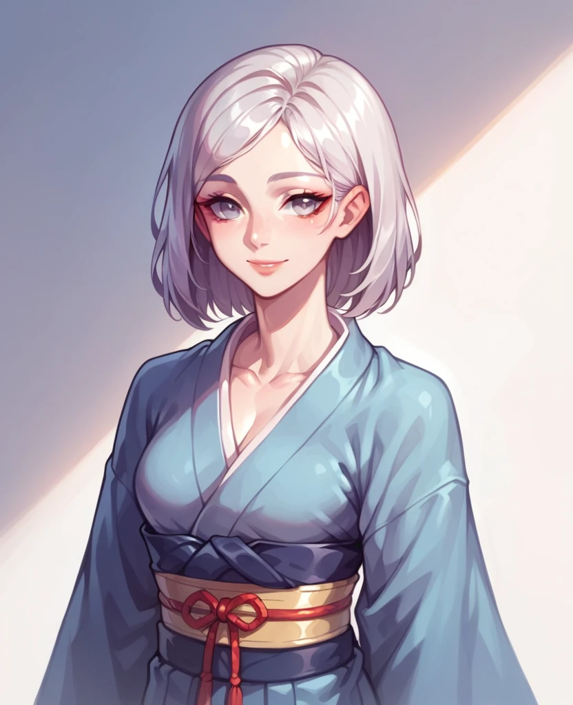 Beautiful girl, beautiful face, calm expression, humble and calm look, long silver hair, beautiful silver eyes, wearing Japanese school clothes, simple and calm smile, a little cunning