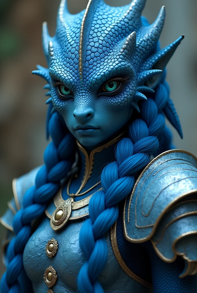 Create a blue HUMAN, high, bright eyes scaly, that has braided hair, armored and full body