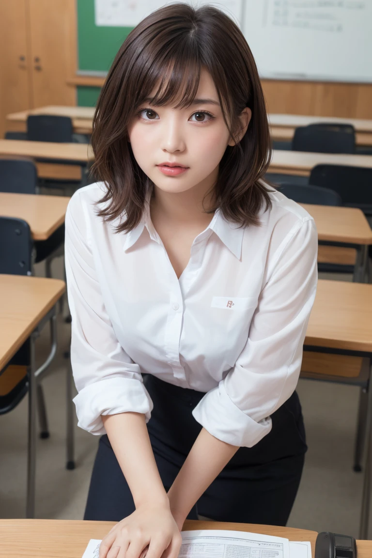 ((Tabletop, Highest quality, High resolution, Hmph, Pixel perfect, 4K, Hmph, Hmph))), One Girl, single, alone, Beauty、The whole body is visible、 ((Short Wavy Hair, bangs, Brown Hair)), ((Brown eyes, Beautiful eyelashes, Realistic eyes)), ((Detailed face, blush:1.2)), ((Smooth texture:0.75, Realistic texture:0.65, Realistic:1.1, Anime CG style)), Medium chest, Dynamic Angle, Perfect body, ((White shirt, Unbuttoned shirt、I'm not wearing shoes、White Sox)), An empty classroom、Sit at a desk、Lower'I took my feet off the desk..............................................................、evening、、、Very embarrassing panic smile、(Spread your legs、Open your knees wide、Floral lace panties)、、(Pink lace bra)、Angle from below