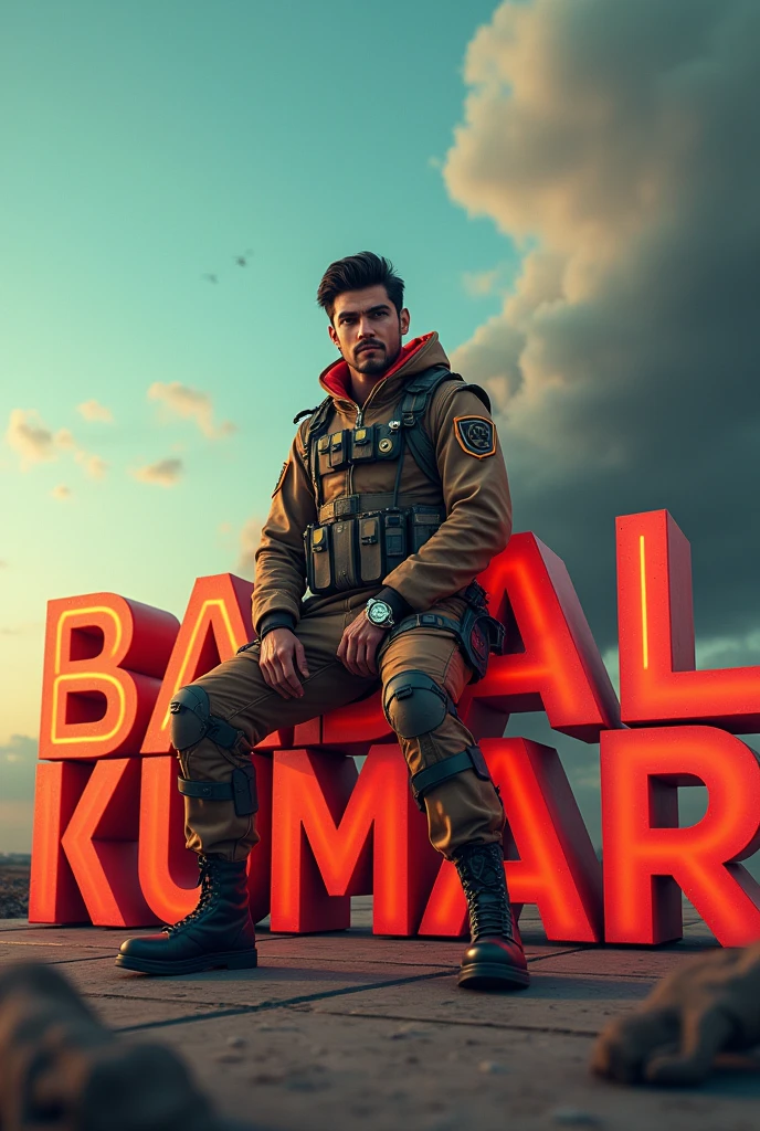 (photorealism:1.2), beautiful man, sitting on 3D name , 3D name is 175% big in size'BADAL KUMAR' colour in like a Indian Flag,wearing like a Indian soulder with proper gadgets like a futuristic gune , background like a seen of world war