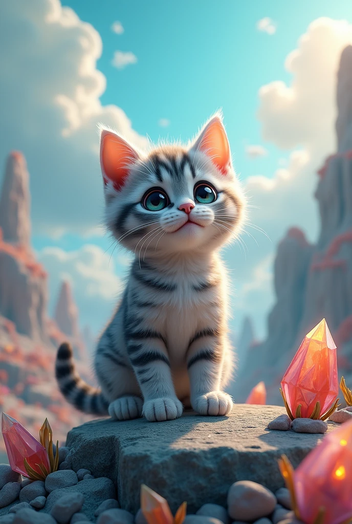 Help me draw a cute tabby gray kitten standing on a beautiful world.