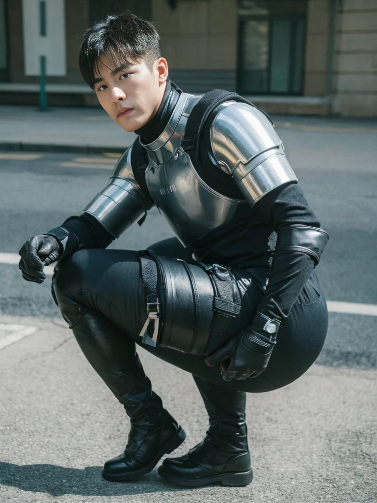 ((Best Quality, 8K, ultra-detailed, Masterpiece: 1.3)), 1boy, shiny skin, sharp, Perfect Body Beauty, realistic shaded perfect body, (cute baby face:1.1),("bodysuit, techwear,big bulge ":1.2),("leggins , armor":1.1),("glove, armor":1.1 ),(techwear)(dynamic pose:1.1), thigh , battle field , (bulge focus:1.2) ,squatting, huge fat buttock , torn bodysuit , broken bodysuit