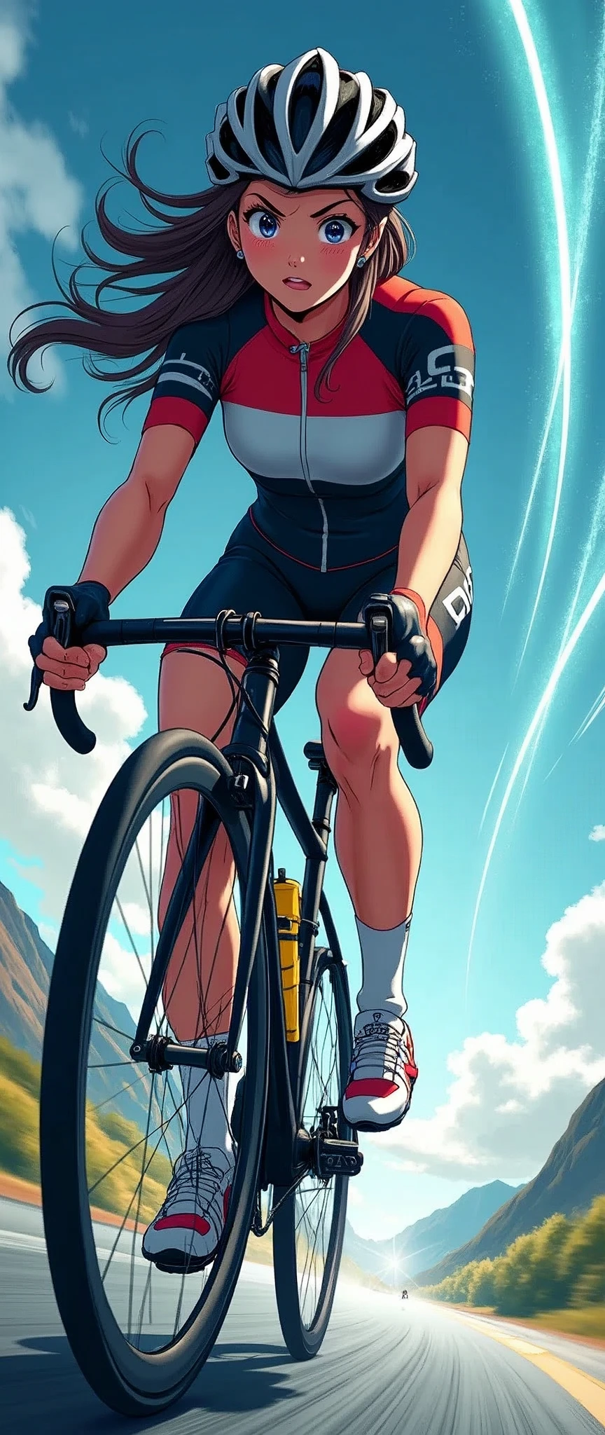 (masterpiece:1.2),(Highest quality),(Super detailed),(Ultra-high resolution),(Highest quality),(Manga illustration,Yowamushi Pedal Style:1.6),8k,wallpaper,Woman Riding a Bicycle,(Beautiful face, true face depiction:2.0),(Tour de France),(Racing Suits),(Racing Gloves),(Muscular),(Thick thighs),(Dynamic Angles:2.0),(Detailed depiction of the bike),(Sweat),(forward leaning posture,Take a curve at high speed:2.0),(Expressing a sense of speed:2.0),(In the background, a trail of light passing through a wormhole is visible.:2.0),(dynamic)