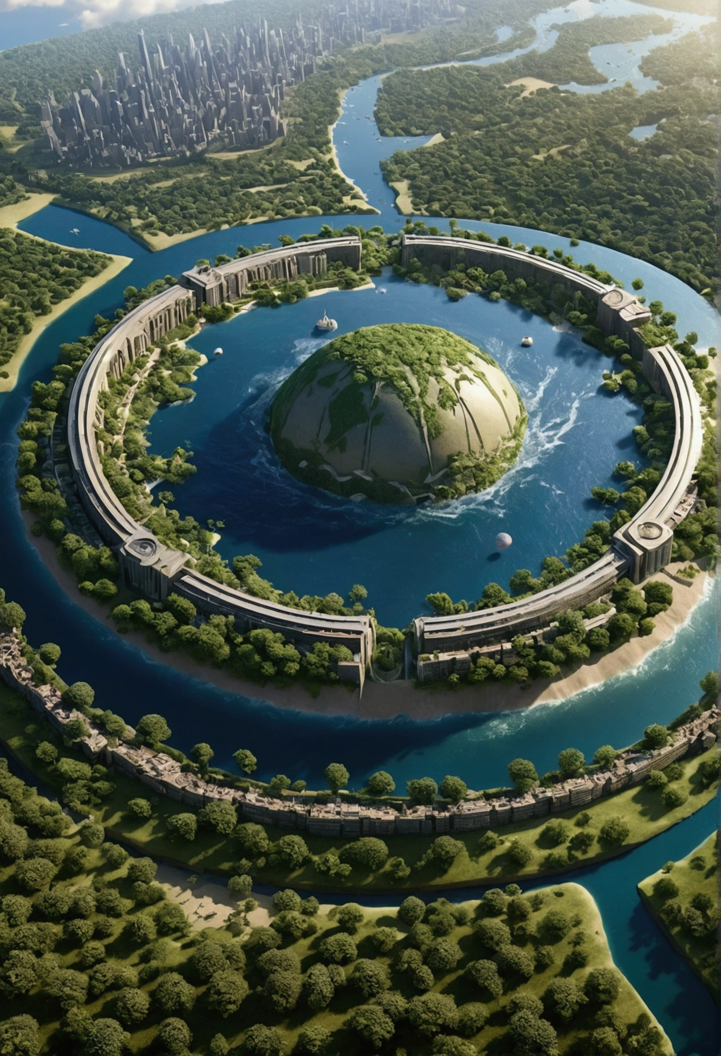 Create a sustainable earth civilization, image with the best quality, super fine, 16k, RAW photo, photorealistic, incredibly absurd, extremely detailed, All in one horizontal image