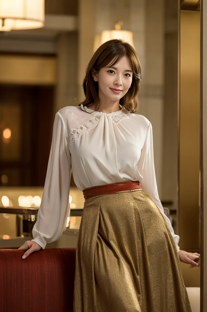 Browsing Caution, Highest quality, Realistic, Surreal, Super Fine, Highly detailed CG, Very delicate and beautiful, 8k wallpaper, High resolution, Modern city hotel lobby, (Dim lighting), Single women, 37 years old, ((whole body)), ((Stand facing us)), (White blouse), (Long skirt), (Red High Heels), Straight medium hair, smile, Thin lips, slim, Small breasts, (Highly detailed face), (Ultra-detailed facial expressions)