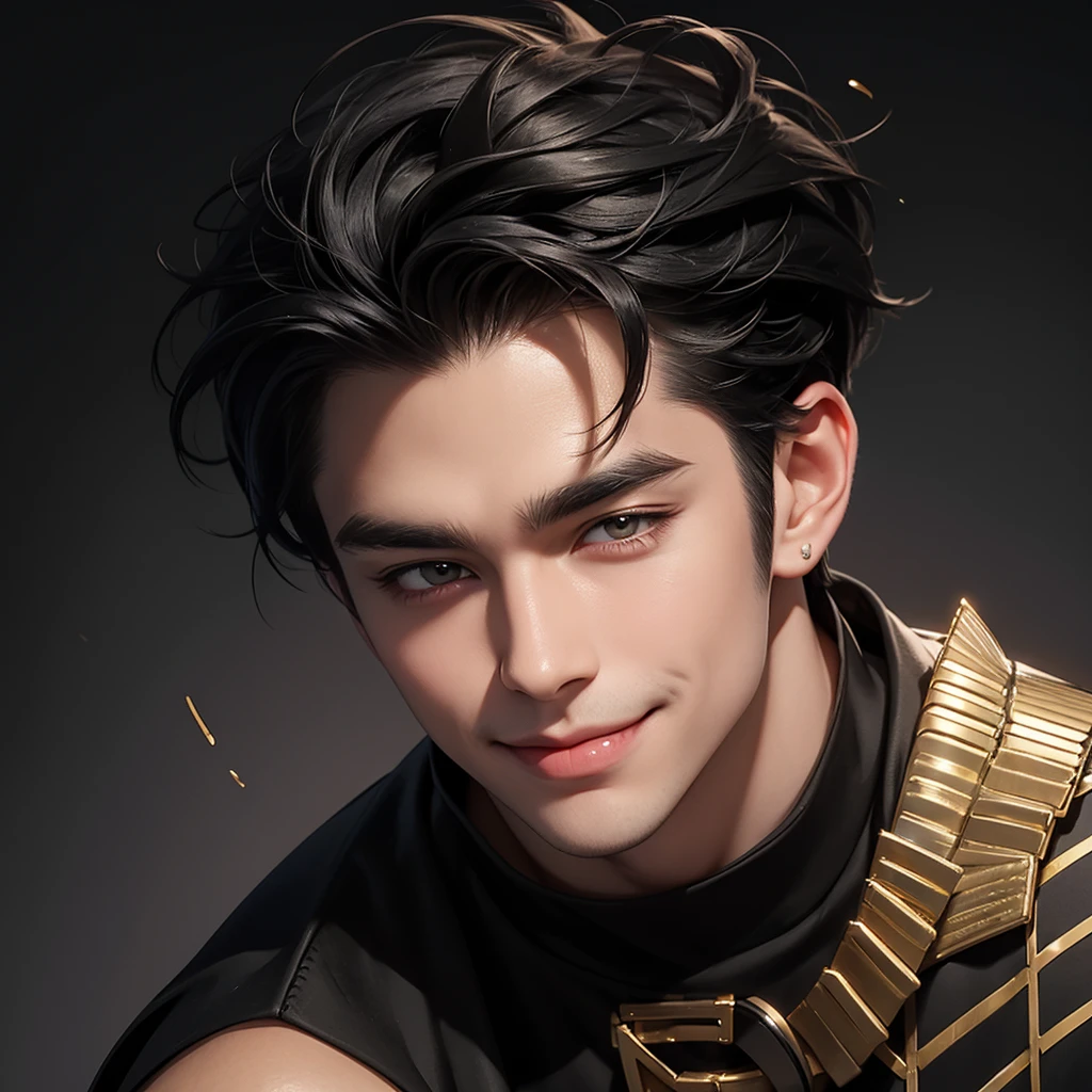 The man with short black hair holds his right cheek and blinks his left eye while smiling. He has small fangs..wearing a black toxedo with gold stripes seen from the left, visible from the top of the hair