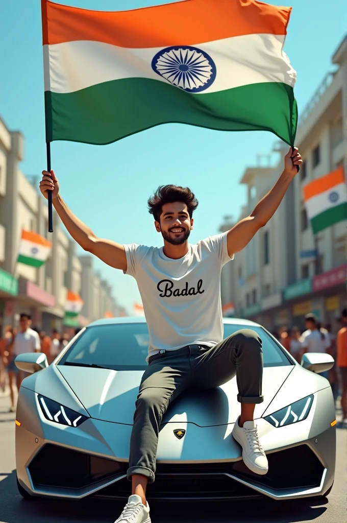 realistic Indian 18 year old boy sitting on Lamborghini car Holding Indian flag and celebrating India festival happy independence day with background of blue sky in Indian Street boy wearing pant, white t-shirt with name”Badal”style hair on it by the way childrens are holding Indian flag playing