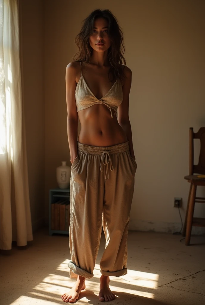 A 25 year old thin Latina woman wearing baggy clothes with bare feet in a warm place